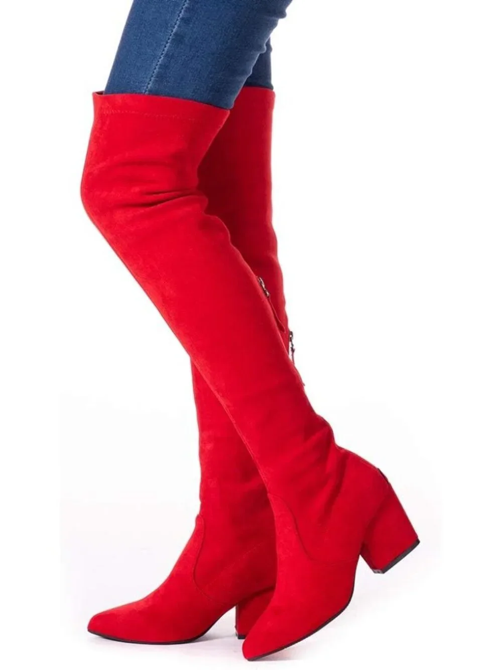 Women's Red Pointed Toe Chunky Block Heel Over The Knee High Boots